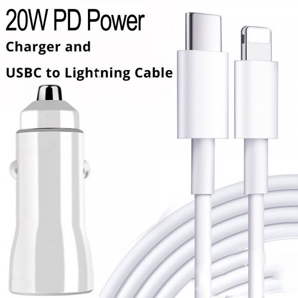 Wholesale 2in1 Car 20W PD Fast Power Delivery Charger with 3FT USB-C to IP Lighting Cable for iPhone, iDevice (Car - White)